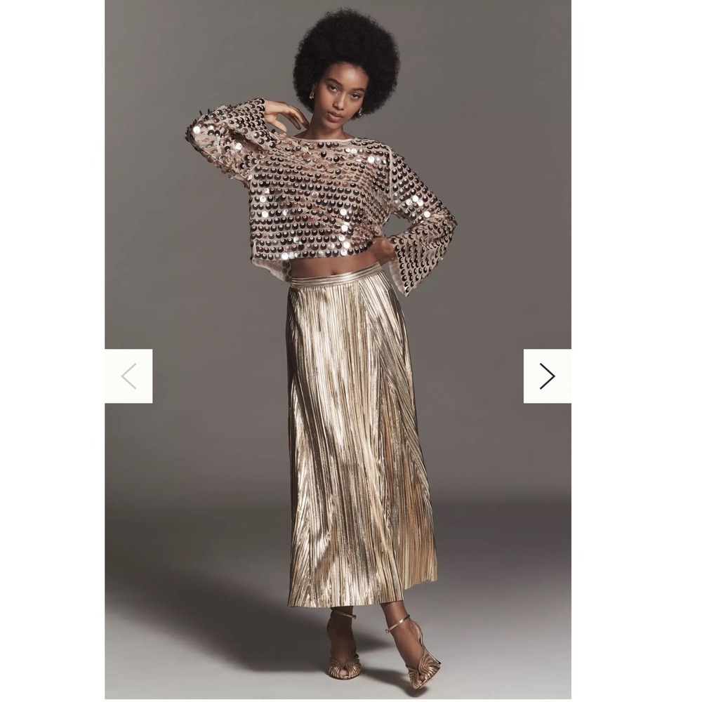 By Anthropologie Metallic Pleated Midi Skirt Silver XS OB2080543 Holiday Party - Picture 4 of 16